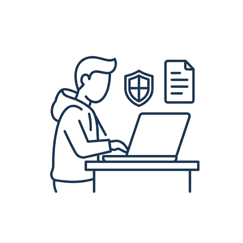 ノートPCで開示請求の手続きを進める人のイラスト